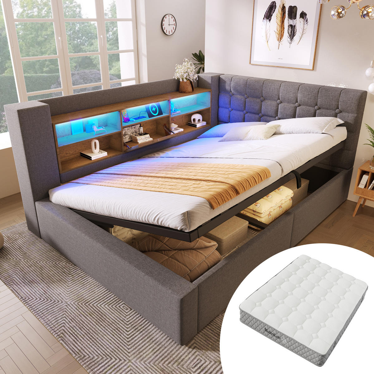 POLSTERBETT 140/200 cm in Grau Leinen mit Bettkasten, LED und USB - Grau, Holzwerkstoff/Textil (140/200cm) - WISHDOR