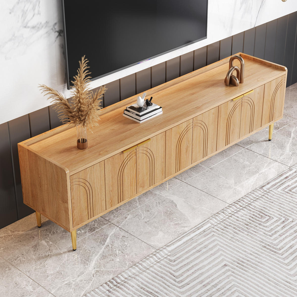 TV-SCHRANK 170cm strukturierte Tür Goldgriffe modern - Naturfarben, Holzwerkstoff (35/47.5/170cm) - FLIEKS