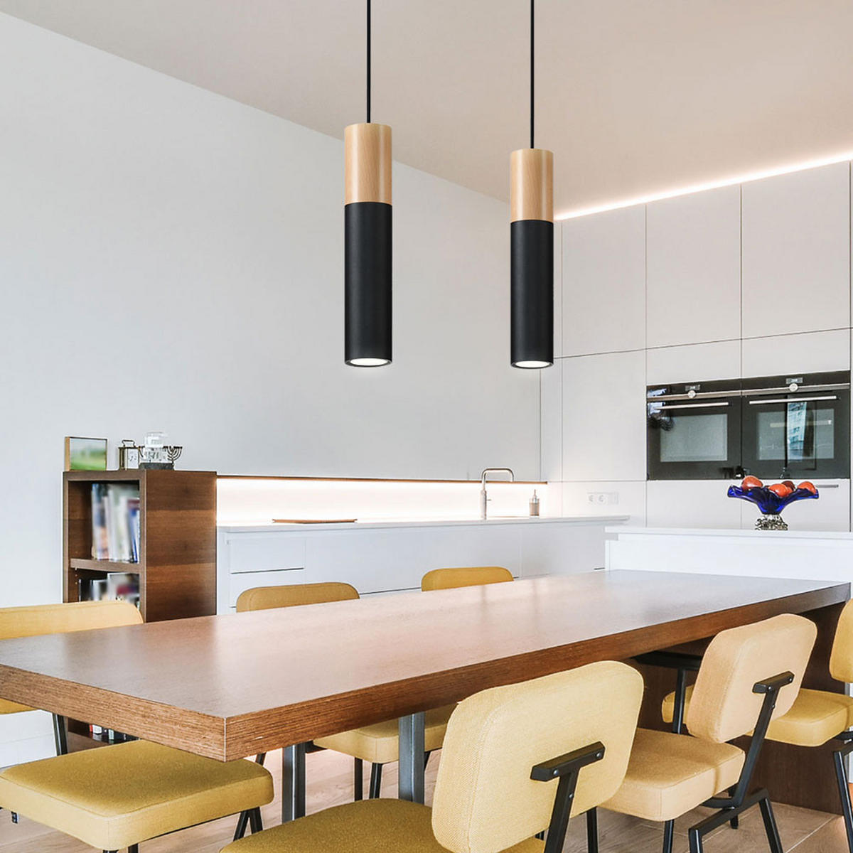 LED HÄNGELEUCHTE Stahl Schwarz Holz 2-flammig - Schwarz, Holz (34/8/100cm)