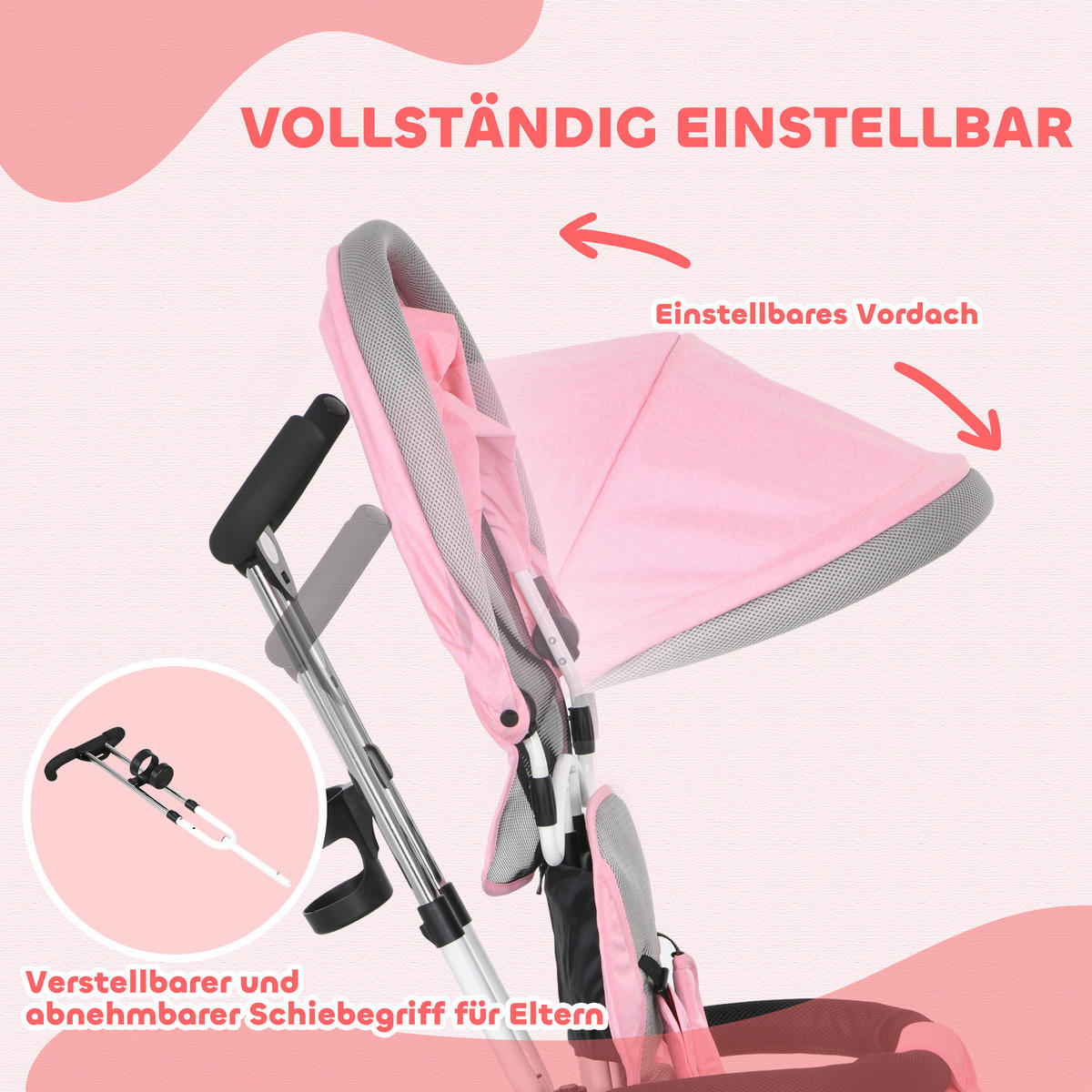 6-IN-1 Dreirad mit Schubstange, Kinderdreirad mit abnehmbarem Sonnendach Rosa - Rosa, Metall (95/50/106cm) - HOMCOM