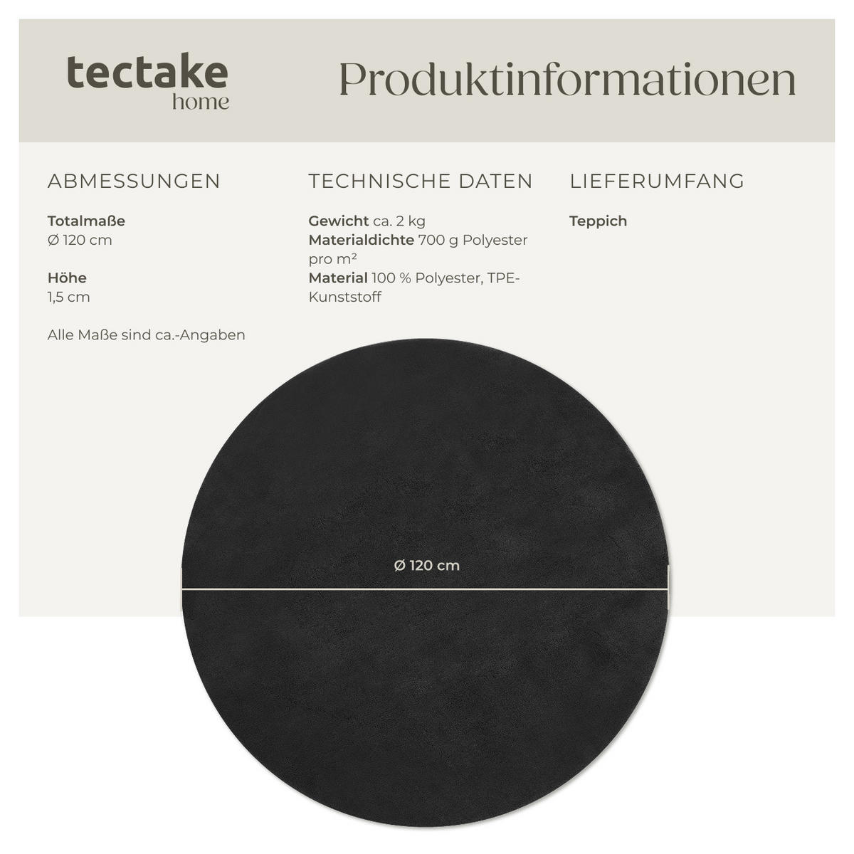 KURZFLORTEPPICH Soft Zone,rutschfeste Unterseite,schwarz - Schwarz, Kunststoff (120/120cm) - tectake