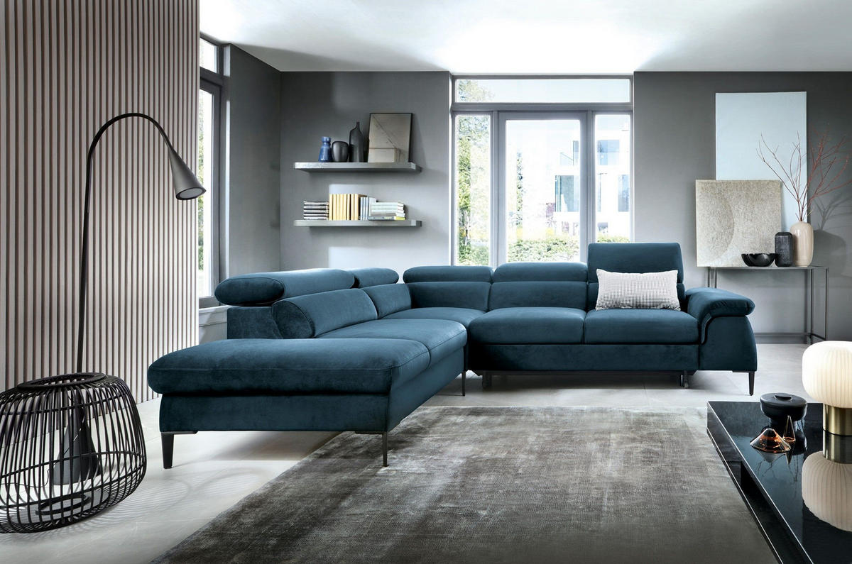 ECKSOFA MESTO Blau Velours-Stoff mit Schlaffunktion - Blau, Holz (280/214cm) - MASSENO