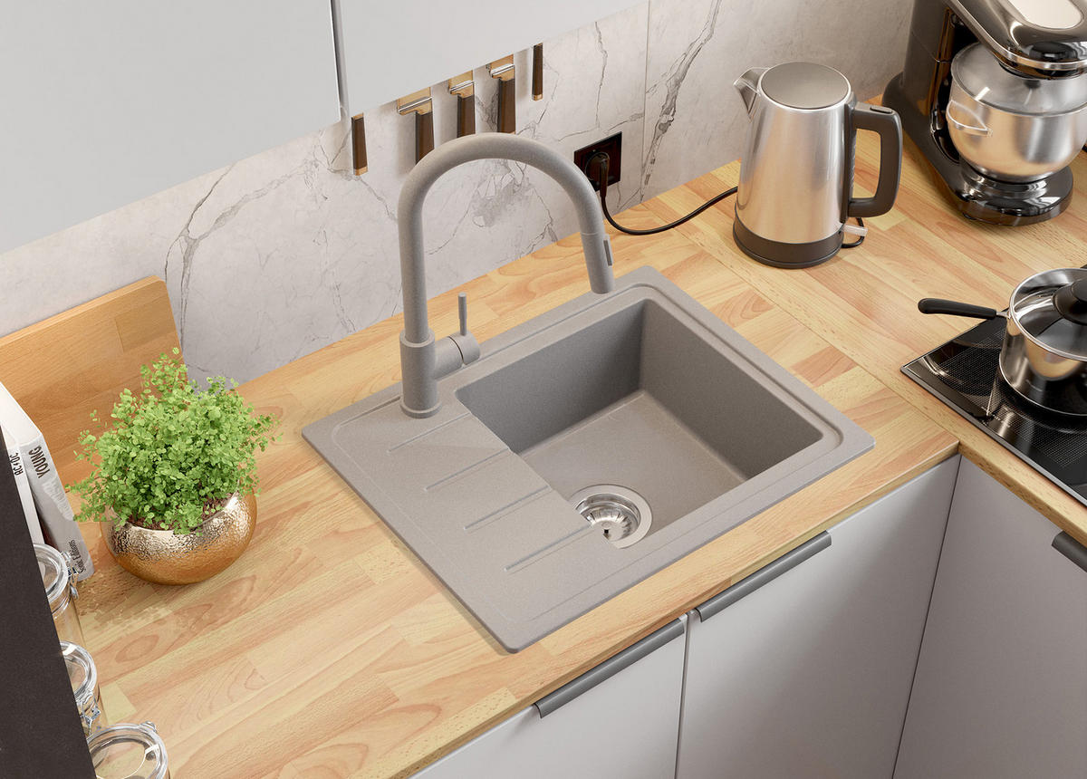 GRANITSPÜLE Kopenhagen Easy, 2-er set Grau 55/44 cm 1 Becken + Küchenarmatur 32/20 cm + Ablauf-Set ab 45er Unterschrank - Grau, Kunststoff (55/17/44cm) - Primagran