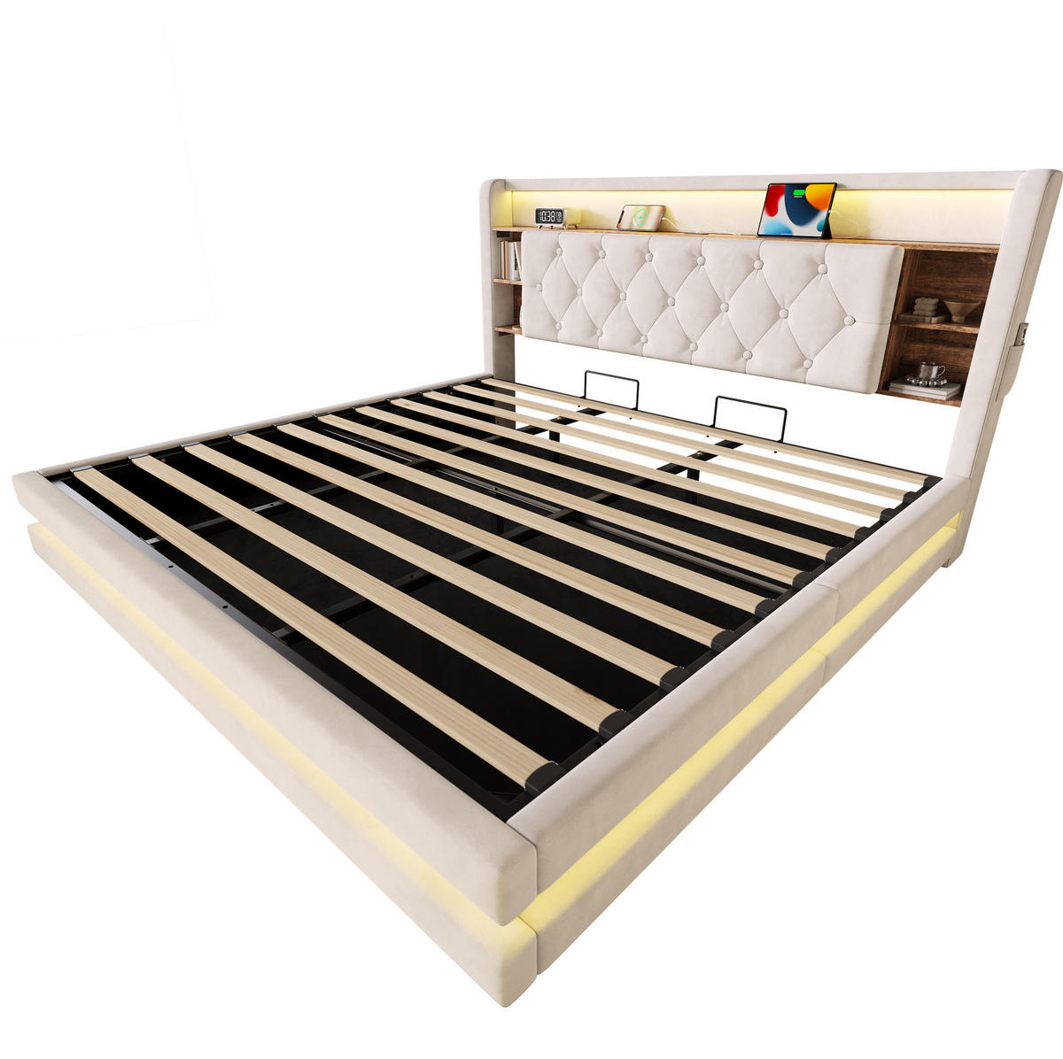 POLSTERBETT 180x200 cm in Beige mit LED-Beleuchtung, Bettkasten und USB-Anschlüssen - Beige, Textil (180/200cm) - IVMEU