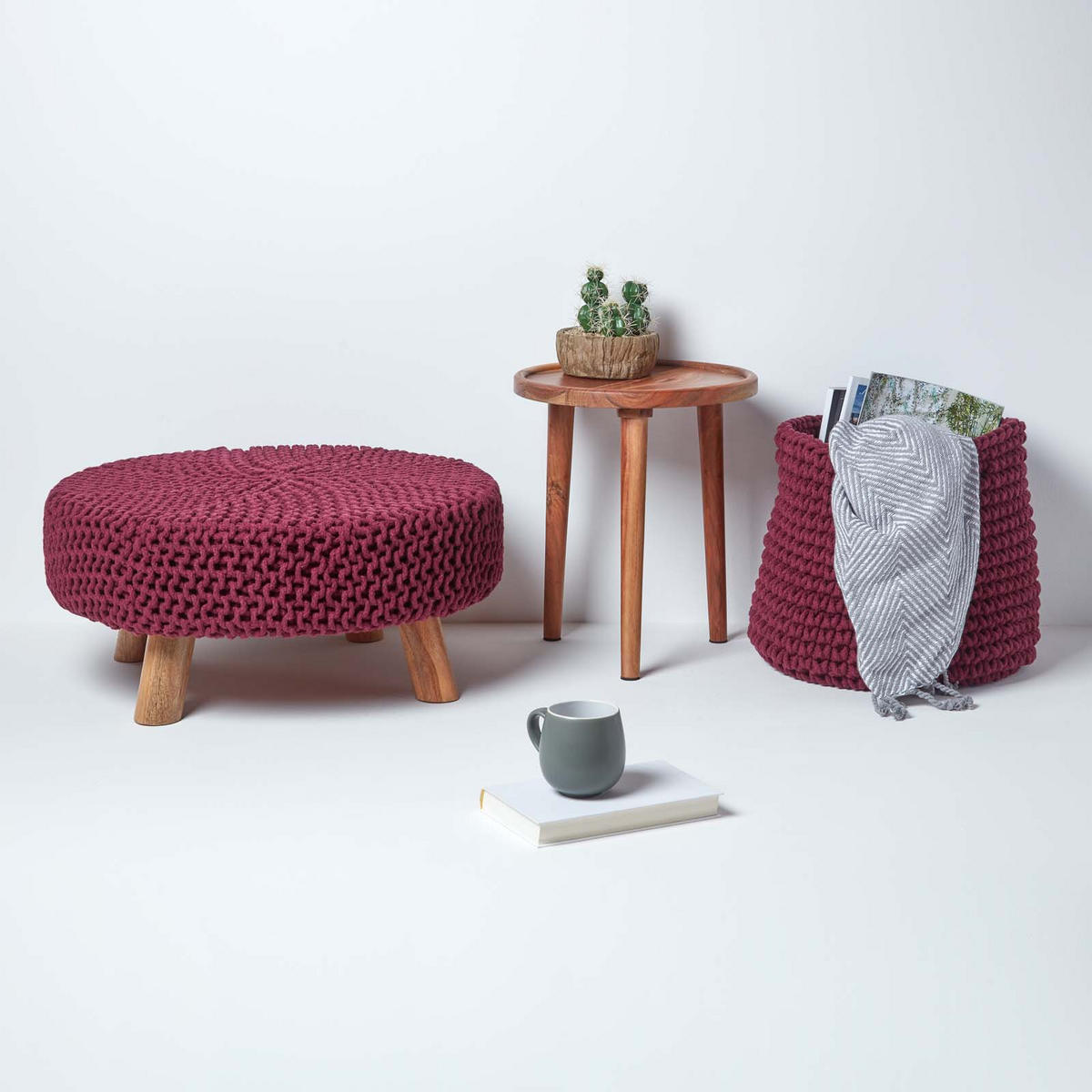 STRICK-HOCKER weinrot, rund 62/62/30 cm - Weinrot, Textil (62/30/62cm) - Homescapes
