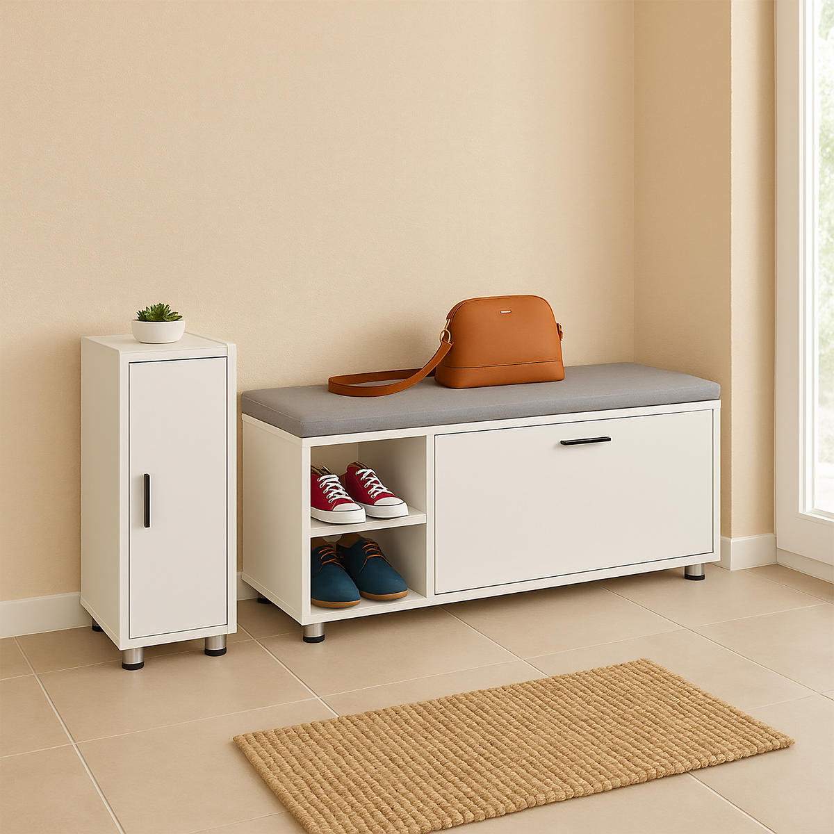 2-TLG.SCHUHBANK mit Schrank Set - Weiß/Grau, Holzwerkstoff/Textil (100/48.5/35.5cm) - Relaxdays