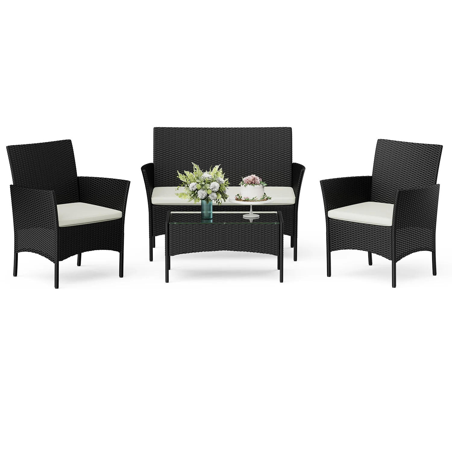 ECKSOFA Loungeset 4tlg Schwarz Gartensofa Set - Schwarz, Textil - Rattrix
