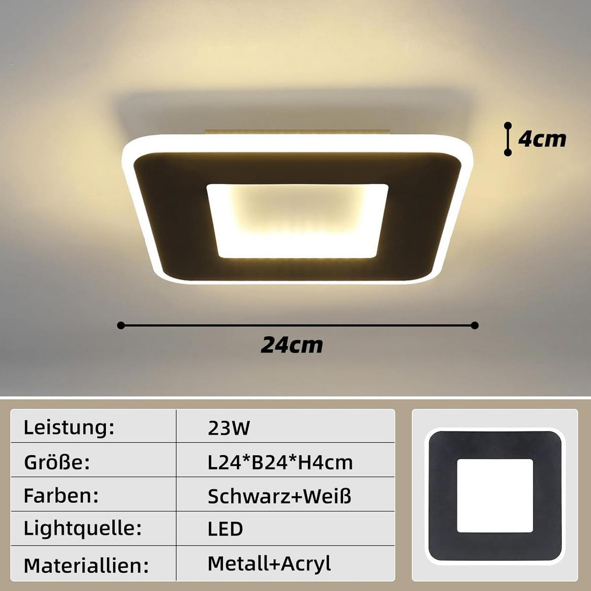 LED-DECKENLEUCHTE Gunther 24 cm - Schwarz, Metall (24/24/4cm) - Nettlife
