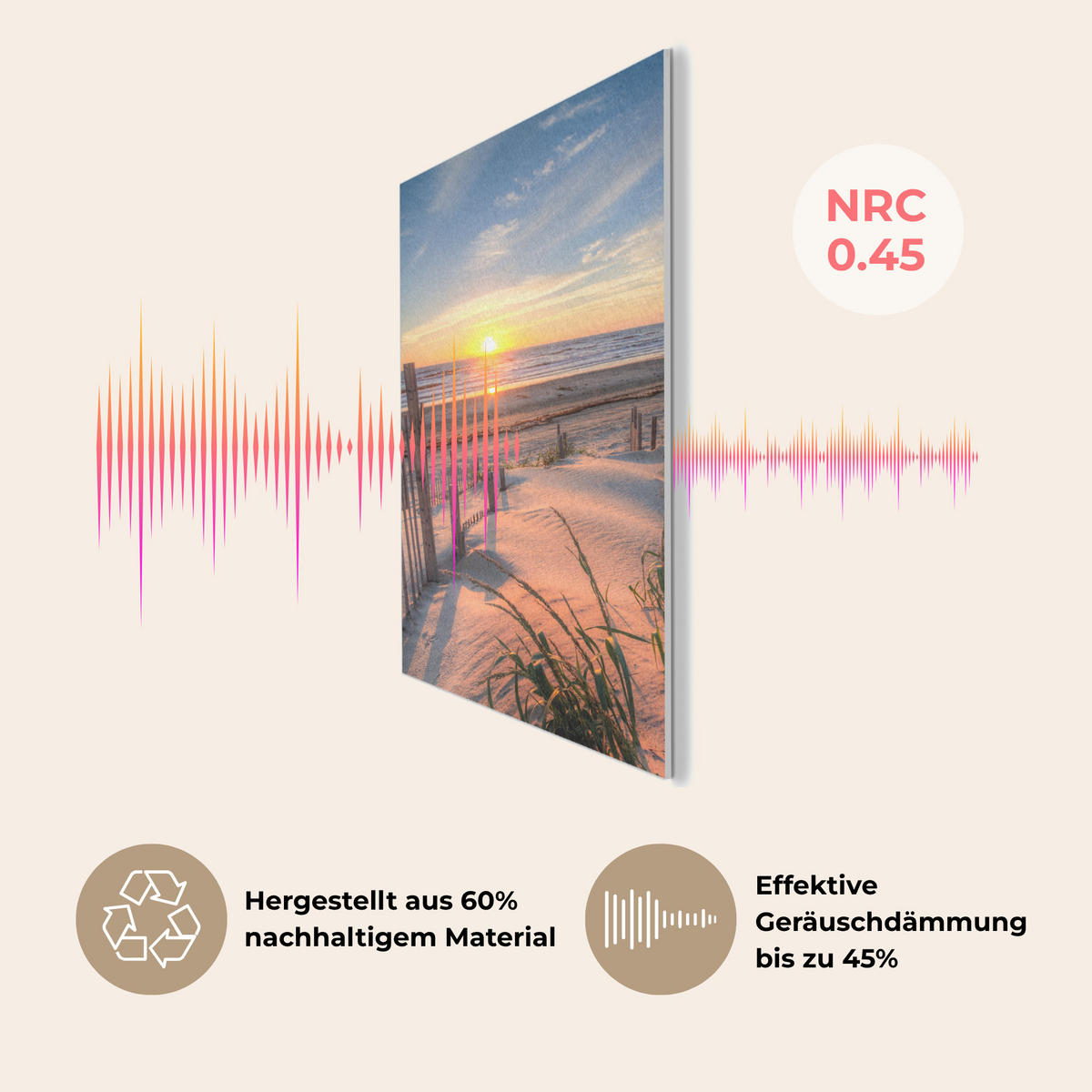 AKUSTIKBILD Strand - Meer - Düne - Sonnenuntergang - Landschaft Wanddeko 60x90 cm - Beige, Kunststoff (60/90/0.9cm) - MuchoWow