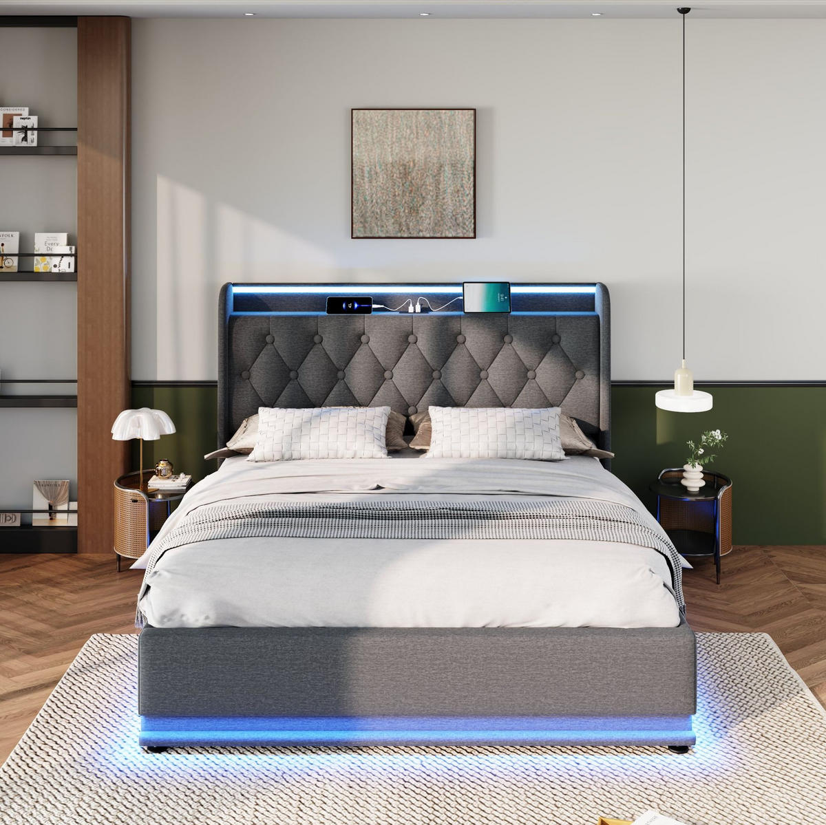 ČALÚNENÁ posteľ 160/200 cm sivá, ľan, s LED osvetlením, USB a úložným priestorom - sivá, textil (160/200cm) - BEAOK