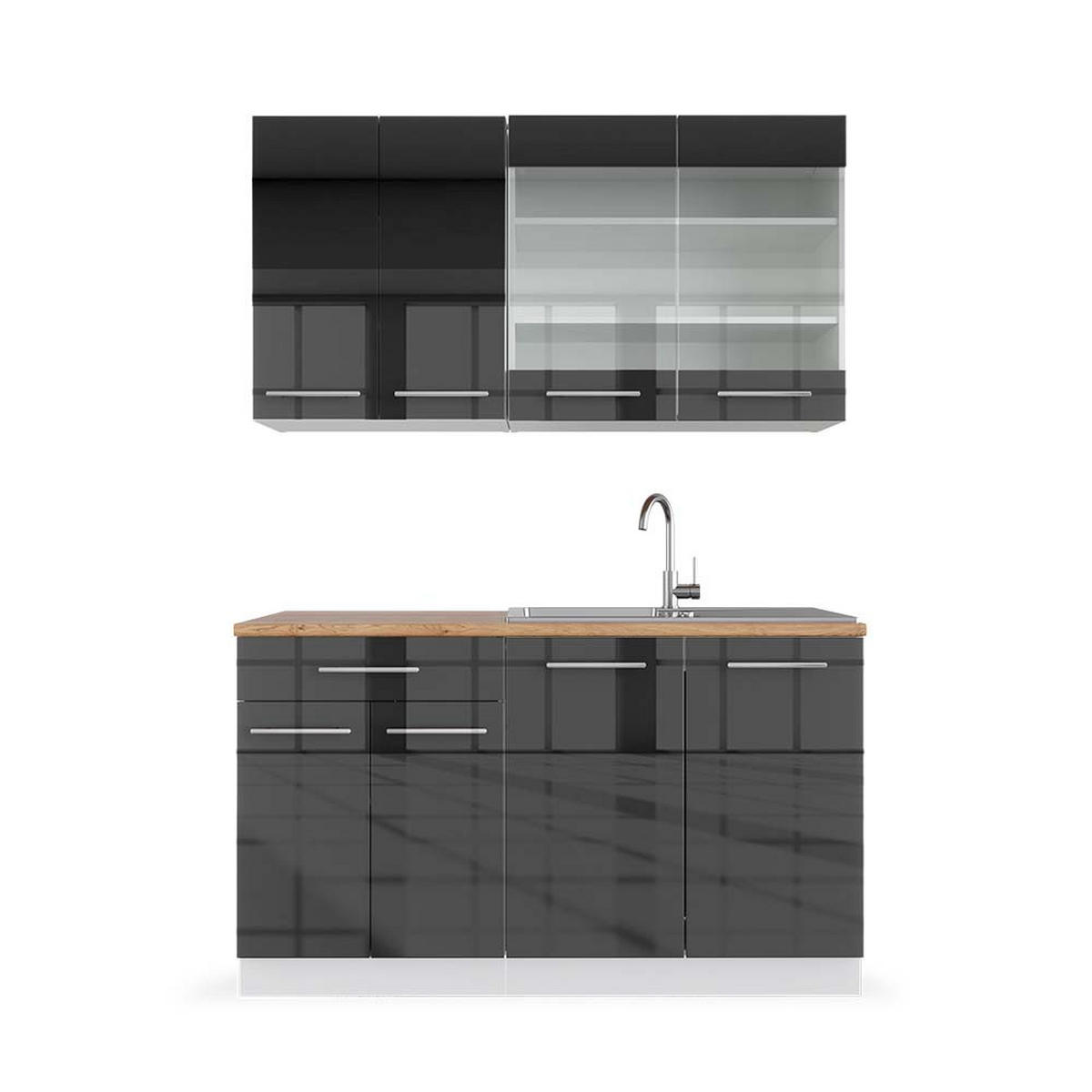 SINGLEKÜCHE Fame-Line Anthrazit Hochglanz/Weiß 140 cm, AP Eiche - Anthrazit/Weiß, Holzwerkstoff (140/81.6/60cm) - Vicco