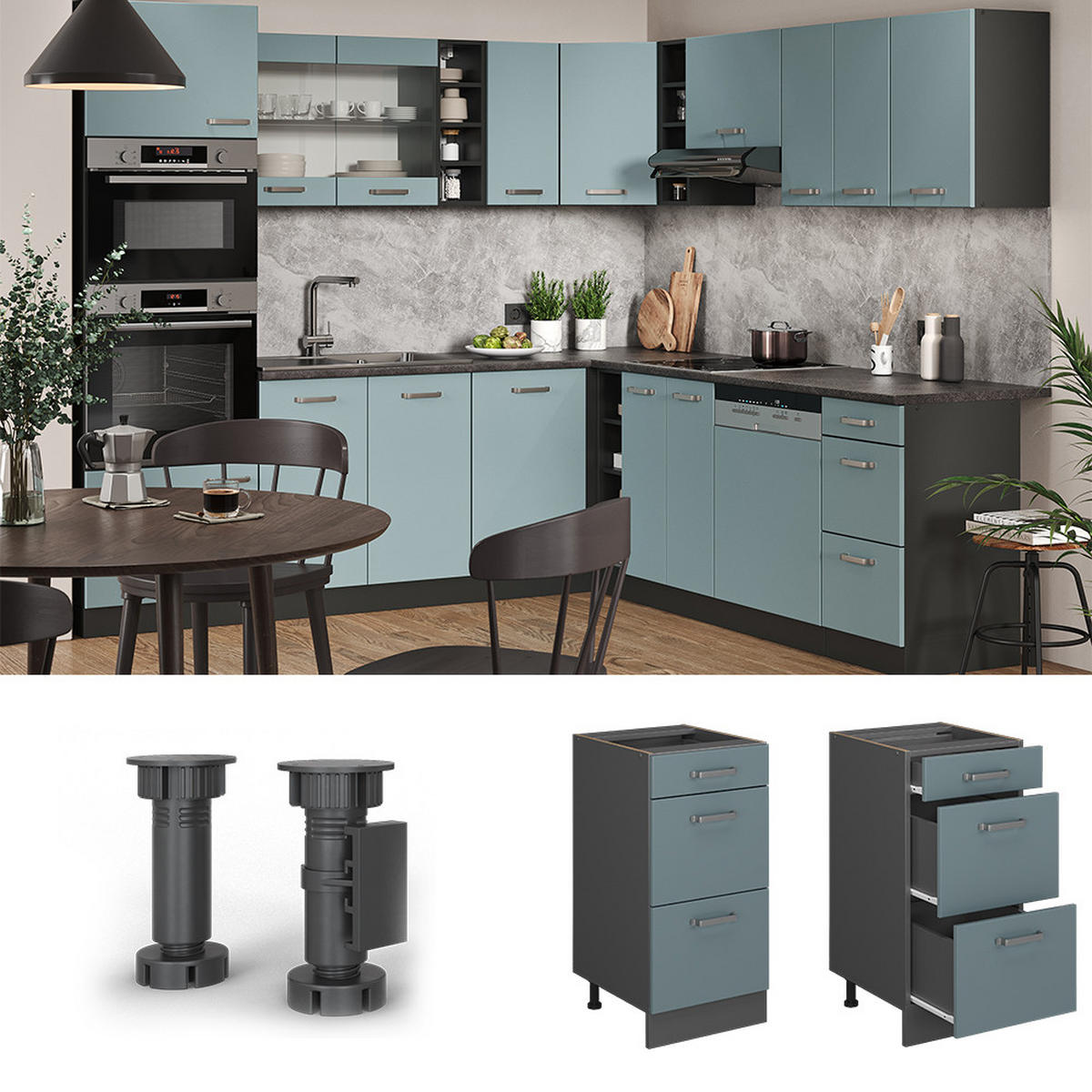 KÜCHENUNTERSCHRANK R-Line Blau-Grau 40 cm mit Schubladen, AP Anthrazit - Anthrazit/Blaugrau, Holzwerkstoff (40/81.6/60cm) - Vicco