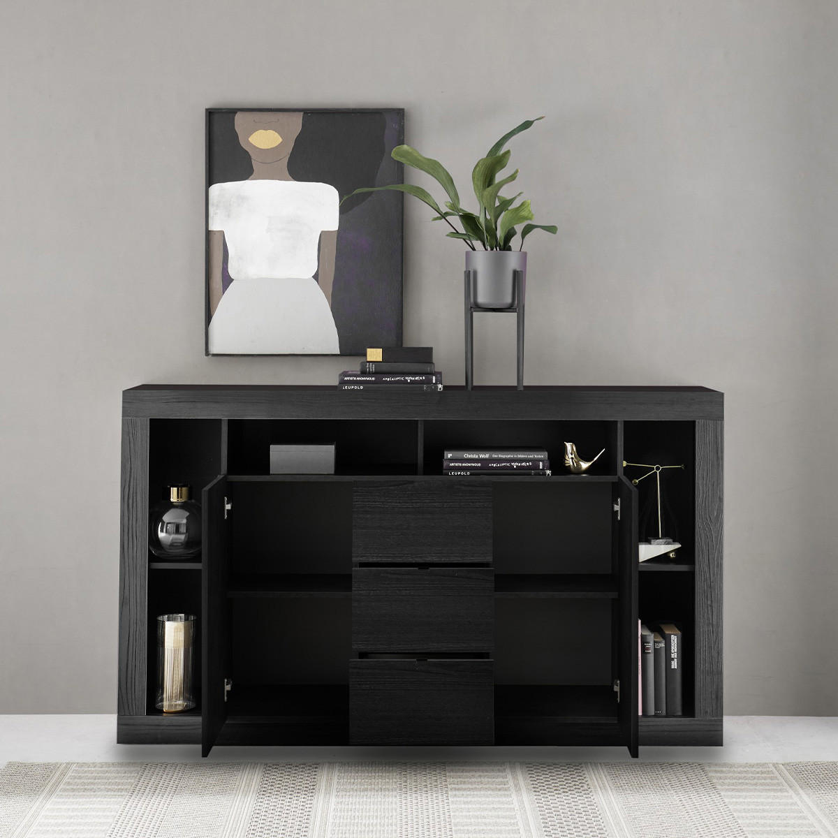 SIDEBOARD mit 2 Türen und 3 Schubladen L172 cm - Rimini - Schwarz, Holzwerkstoff (40/102/172cm) - Calicosy