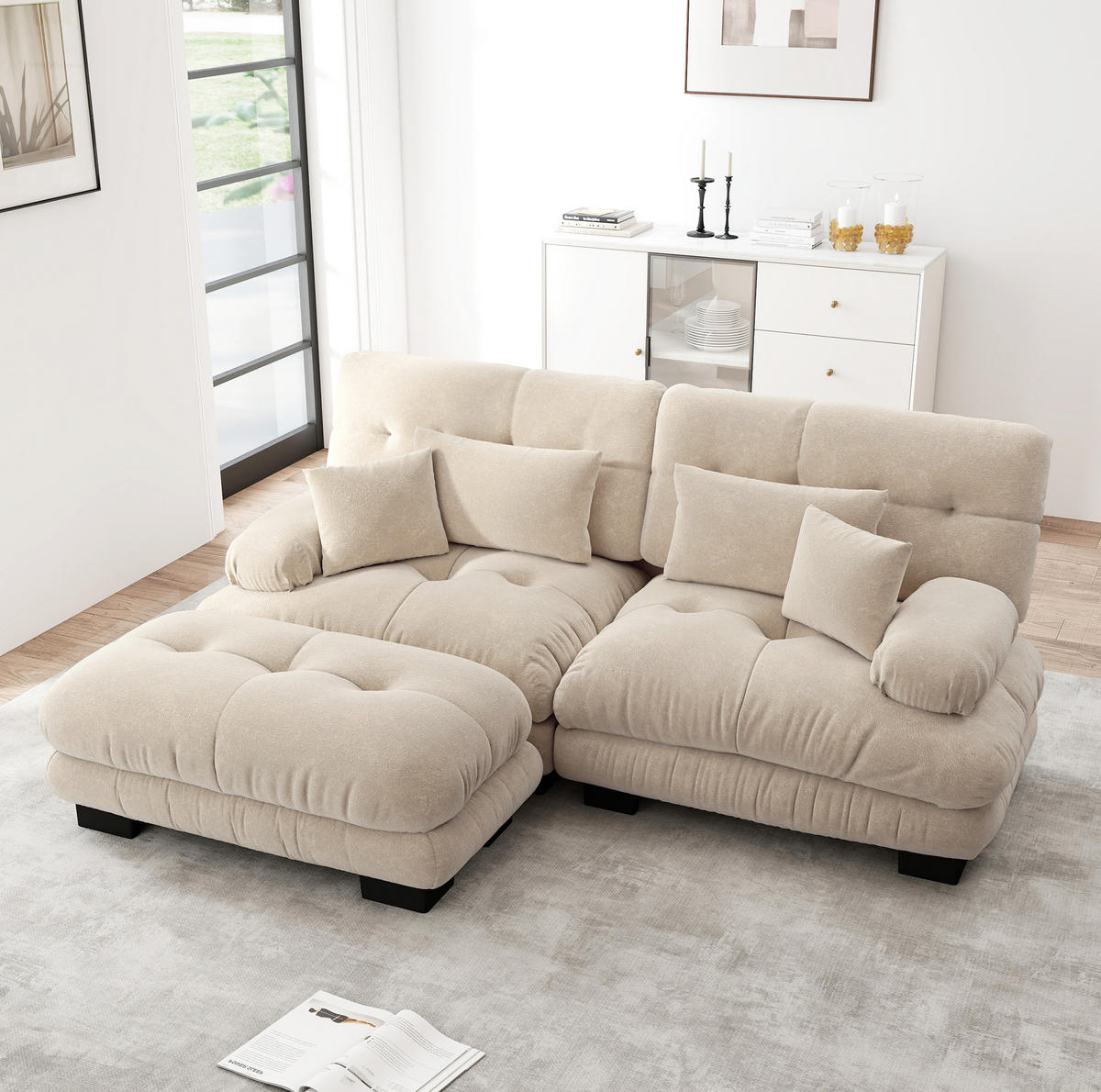 ECKSOFA modular mit beweglichen Ottomane, breiten Armlehnen und Kissen, Hellkaffee - Cappuccino, Textil (220/145cm) - Redom