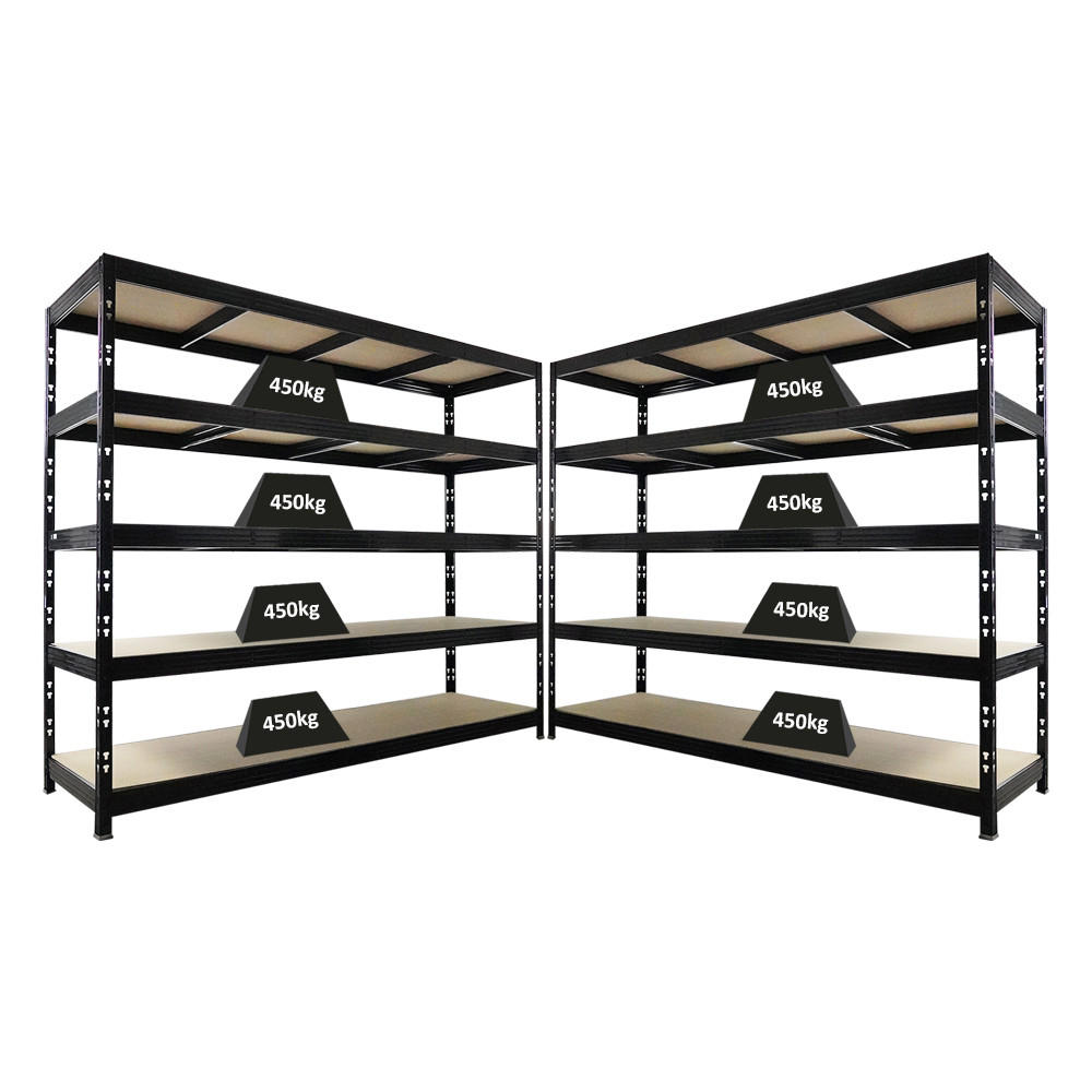 SCHWERLASTREGAL Rhino 2er-Set 200x240x70 cm 5 Spanplatten-Ebenen 8mm Fachlast 450 kg Schwarz - Schwarz, Metall (480/200/70cm) - PROREGAL