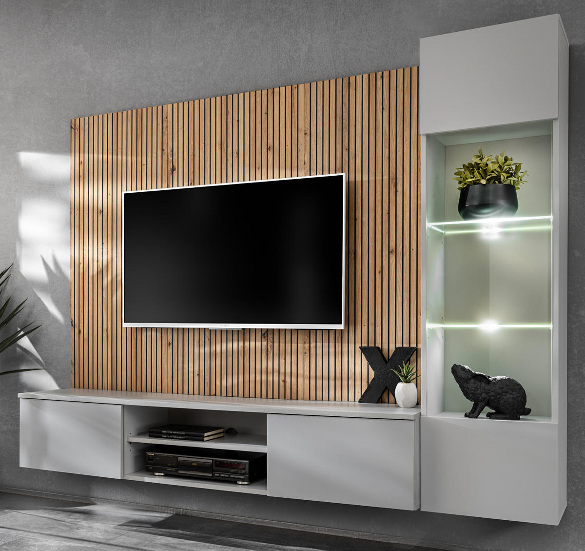 WOHNWAND hellgrau, Eiche Artisan 200 cm, Schrankwand inklusive Beleuchtung und Push-to-Open - Hellgrau/Eiche Artisan, Glas/Holzwerkstoff (200/148/35cm) - Inn.Furn