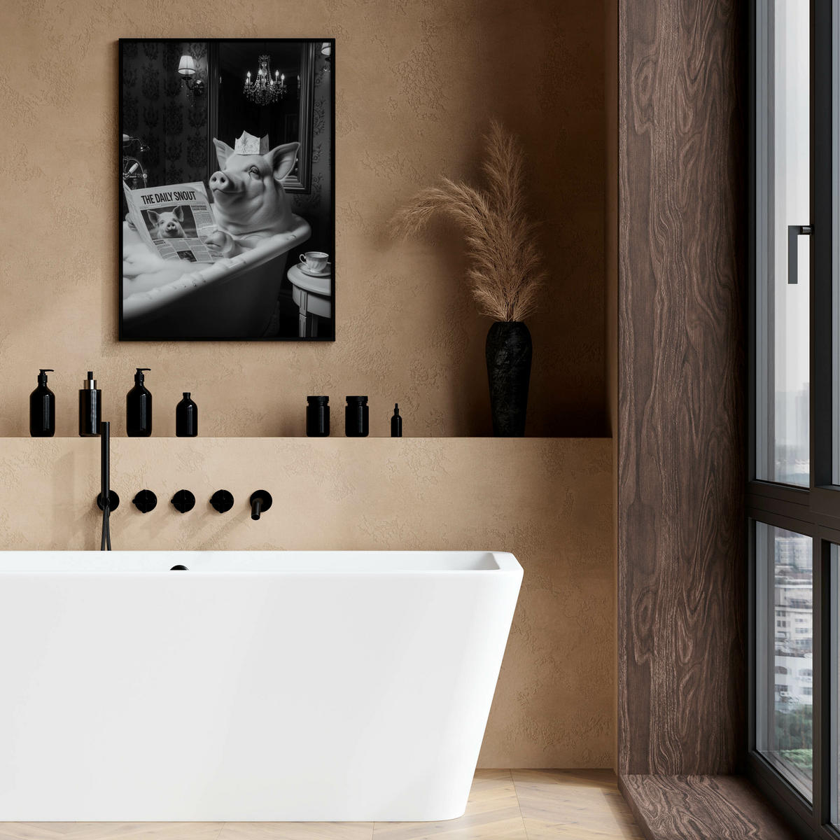 POSTER für Badezimmer WC SCHWEIN in Badewanne Zeitung Abstraktion 30x40cm - Schwarz/Weiß, Papier (30/40/1cm) - Muralo