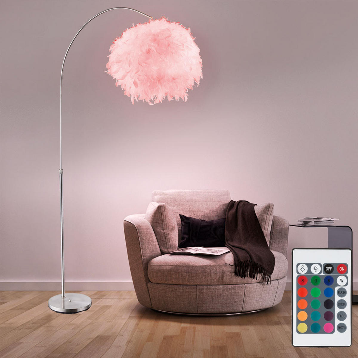 LED STEHLEUCHTE Metall Weiß Feder-Lampenschirm - Weiß, Kunststoff (96/96/196cm) - Globo Lighting