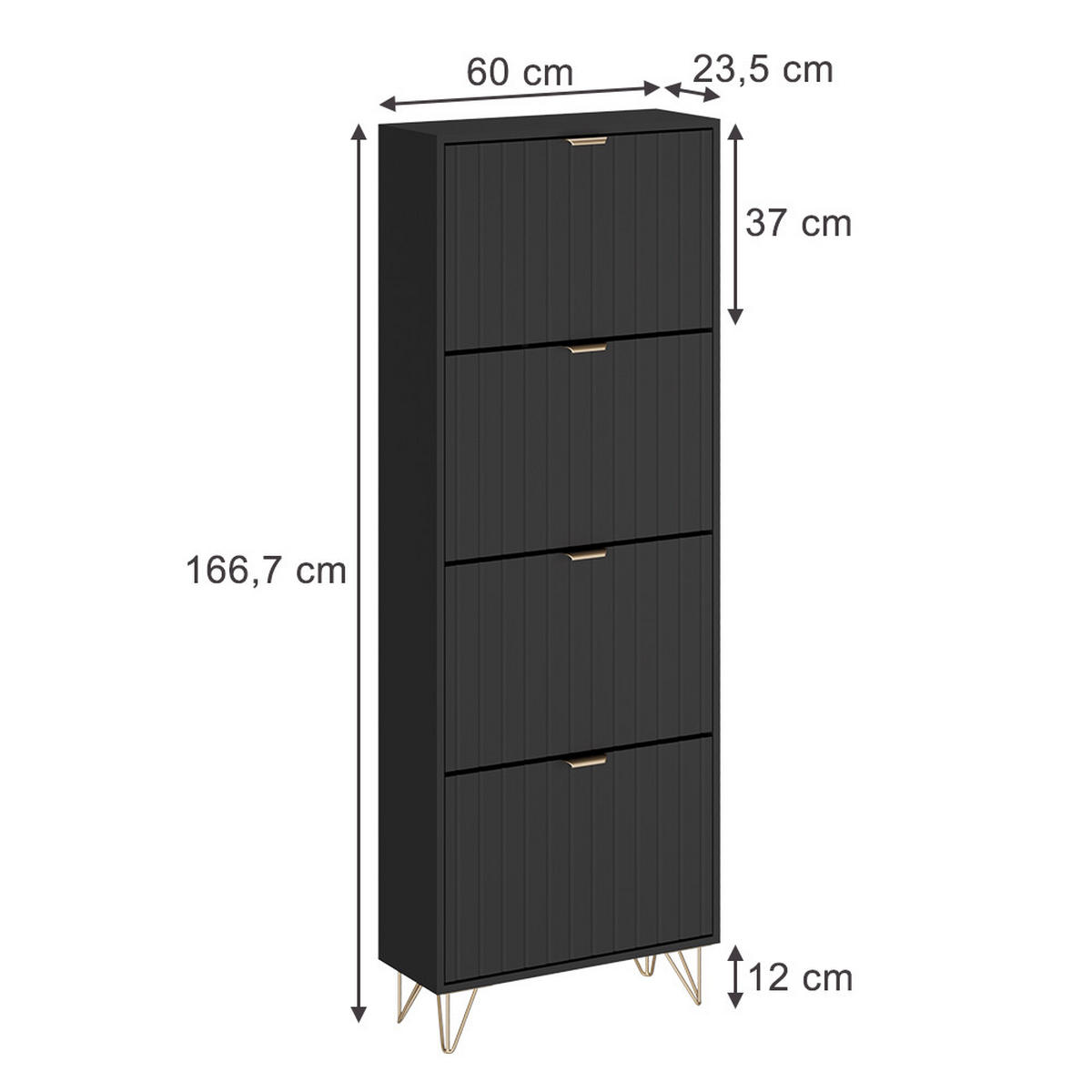 SCHUHSCHRANK Helge Schwarz 60 x 166.7 cm 4 Fächer - Schwarz, Holzwerkstoff (60/166.7/23.5cm) - Vicco