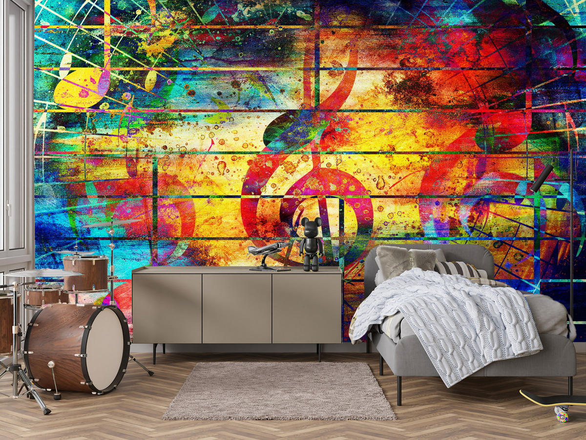 FOTOTAPETA Pre Študentskú Izbu Farebná Abstraktná HUDBA Graffiti NOTY 150 x 105 cm - oranžová/žltá, papier (150/105cm) - Muralo