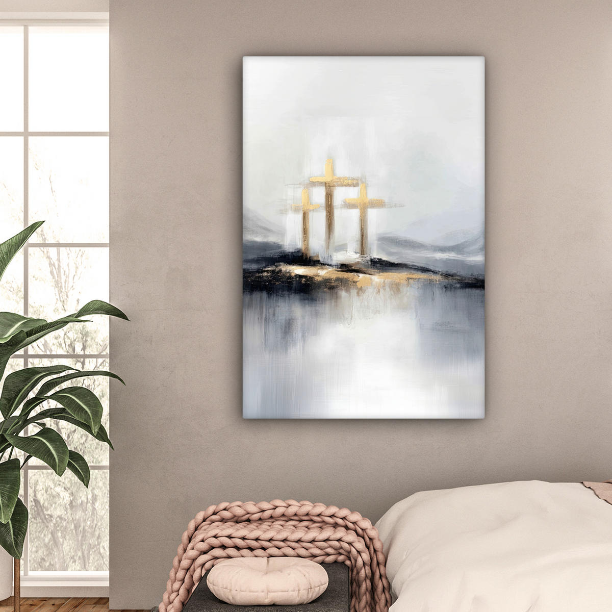 LEINWANDBILD Abstrakt - Malerei - Christentum - Kreuz Deko XXL 80x120 cm - Weiß, Textil (80/120cm) - MuchoWow