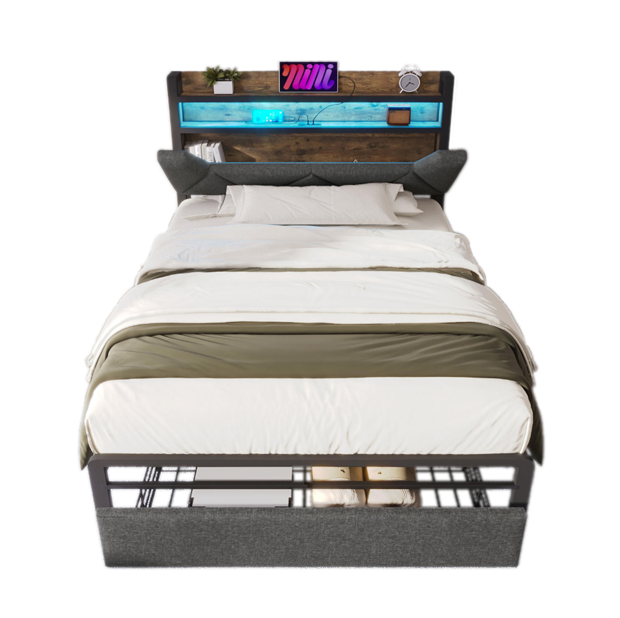 POLSTERBETT 90/200 cm mit LED-Beleuchtung, USB-C-Ladestation, Stauraum-Kopfteil und Schublade, Grau - Grau, Textil (90/200cm) - Redom
