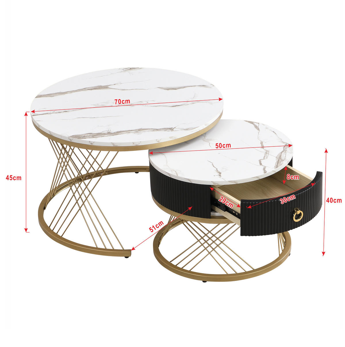 COUCHTISCH aus MDF 70x70x45+50x50x40 cm Weiß mit Schublade, nestbarem Design und goldfarbenen Metallelementen - Weiß, Holzwerkstoff (70/70/45cm) - Modfu