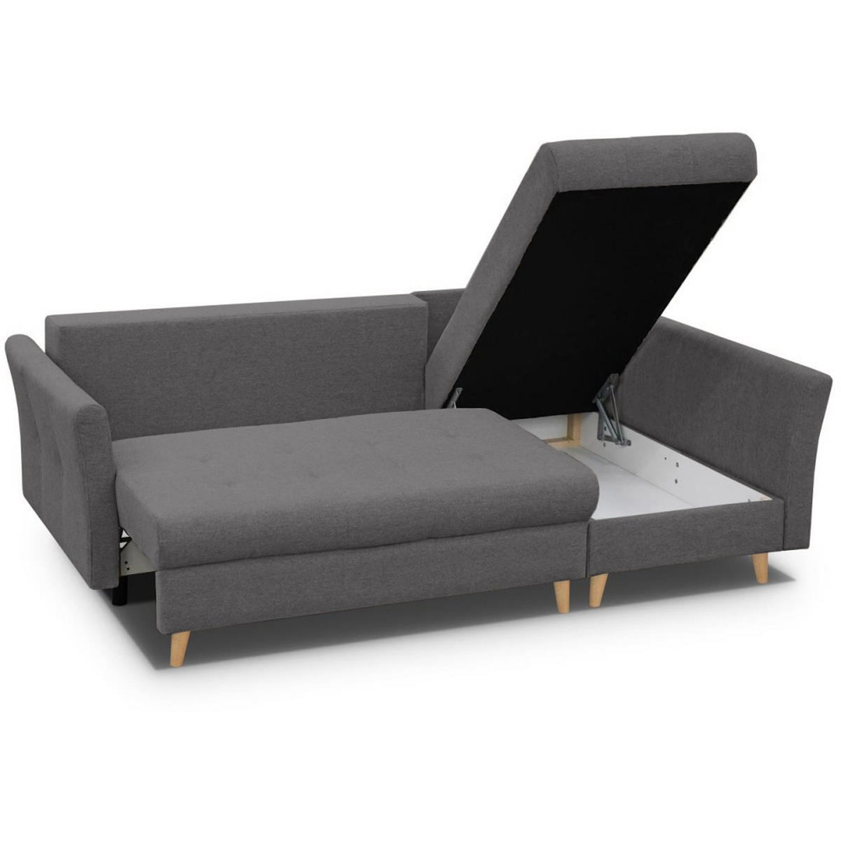 ECKSCHLAFSOFA Neron mit 2 Bettkasten und Beine in Buchefarbe, Dunkelgrau, rechts - Dunkelgrau/Buchefarben, Textil (233/148cm) - Beautysofa