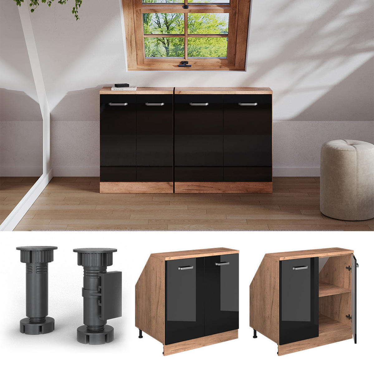 WARDROBE FOR SLOPING CEILING Rion Sjajna Crna 80 x 81.6 cm s 2 vrata, korpus ormara dubine 60 cm - hrast medunac/crna visoki sjaj, drvni materijal (80/83.8/60cm) - Vicco