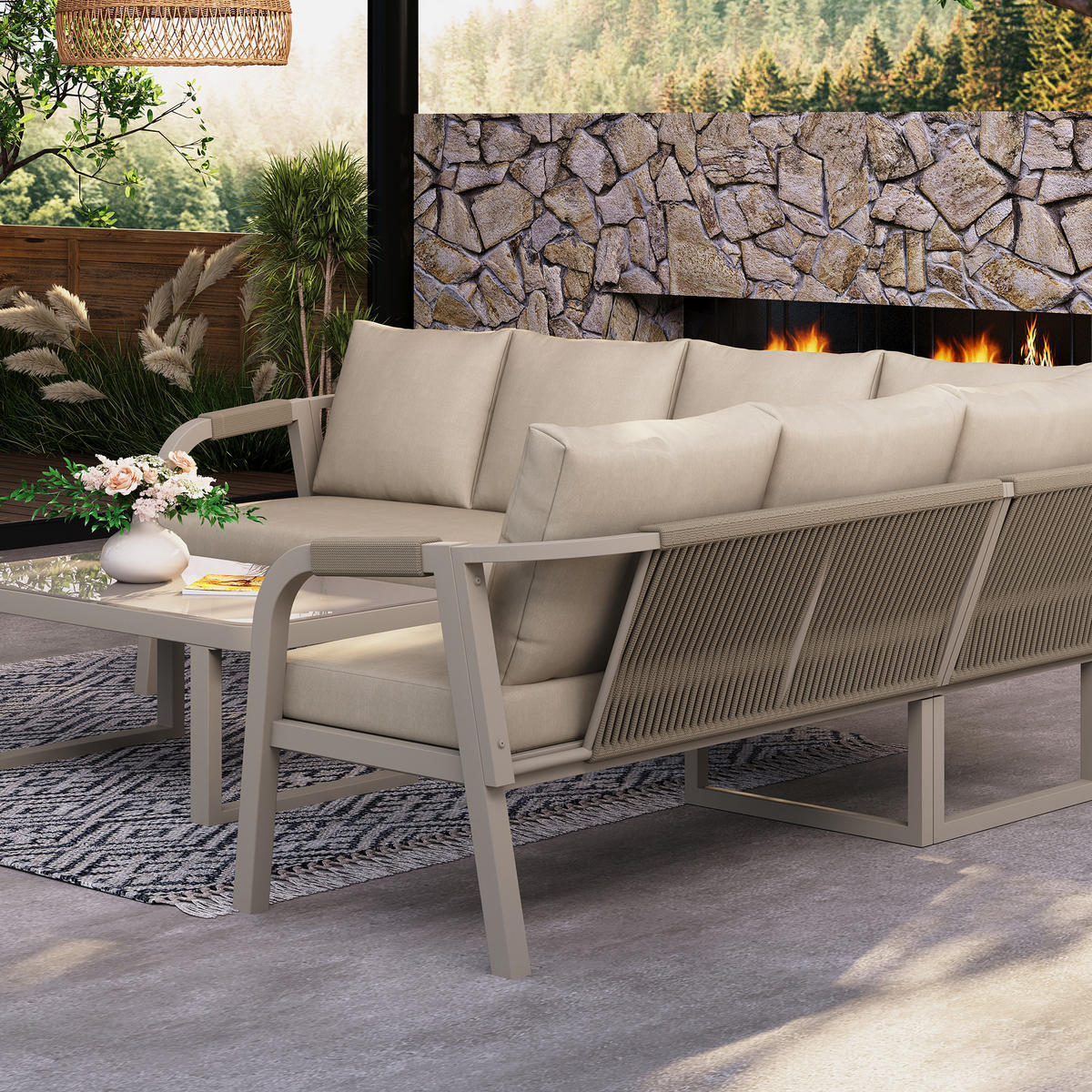 GARTENMÖBEL-SET 6 Personen Ecksofa Couchtisch Stahl Beige - Beige, Textil - FLIEKS