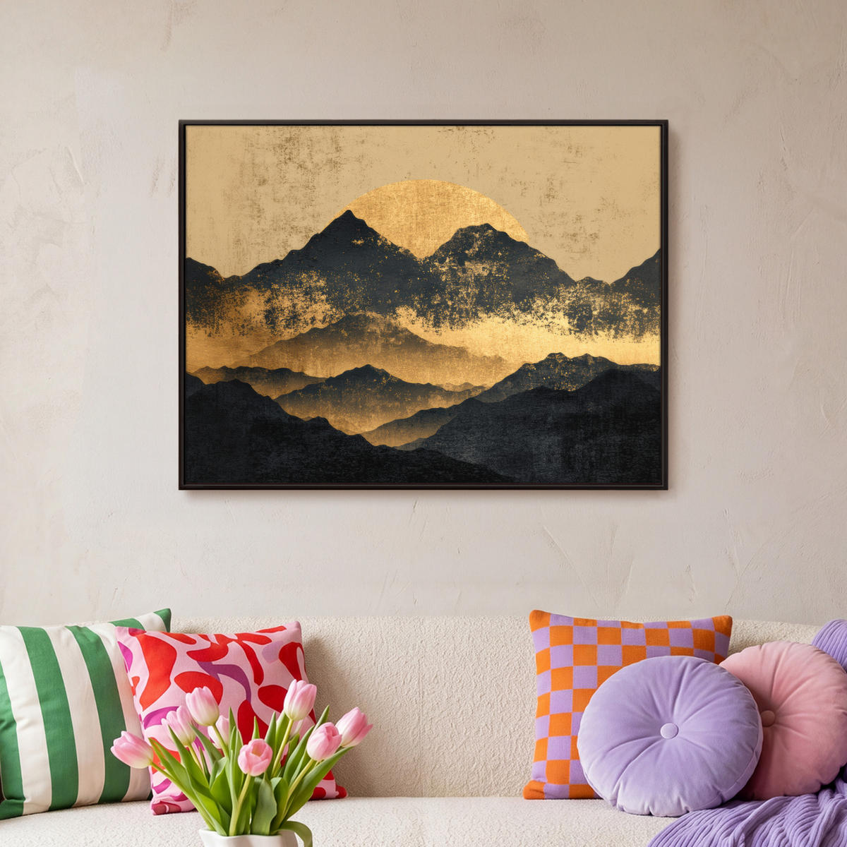 LEINWAND Bilder mit Rahmen - Goldene Berge bei Mondschein - 70x50 - Goldfarben, Textil (70/50cm) - MuchoWow