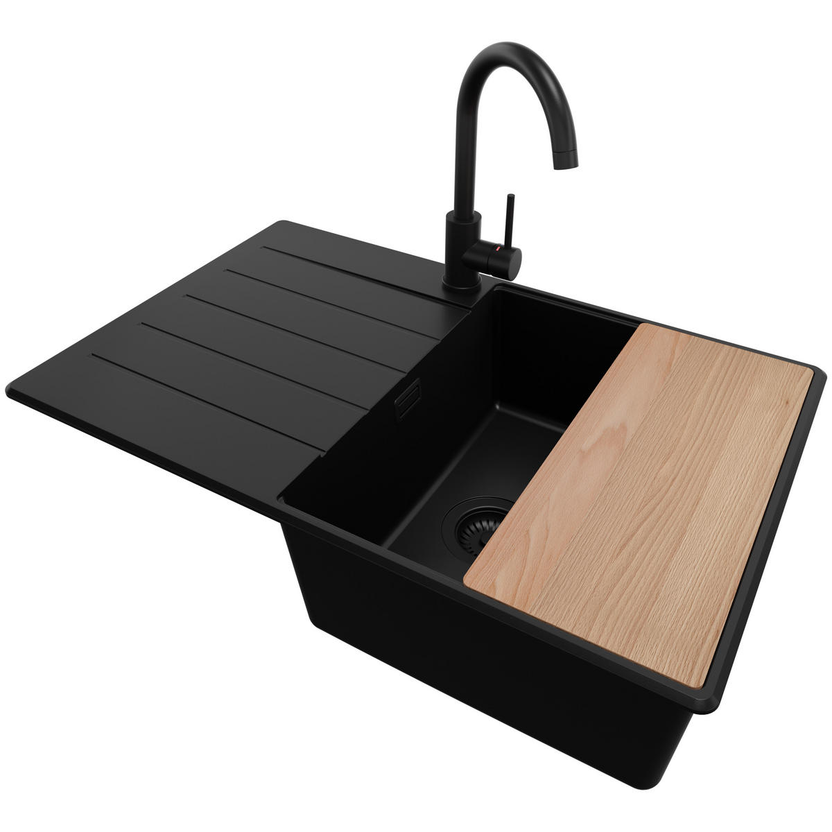 GRANITSPÜLE Kopenhagen, 2-er set Alles Schwarz 78/50 cm 1 Becken + Küchenarmatur 32/20 cm + Ablauf-Set + Schneidebrett ab 50er Unterschrank - Beige/Schwarz, Kunststoff (78/20/50cm) - Primagran