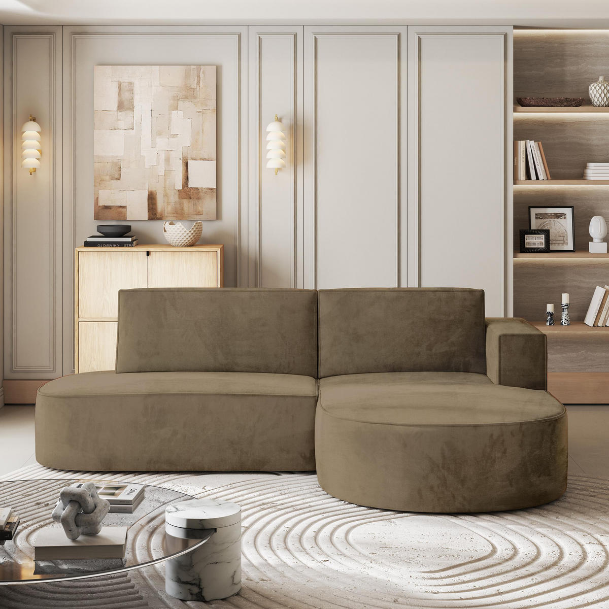 ECKSOFA CORTIO M R-S Beige Velours-Stoff mit Schlaffunktion - Beige, Holz (265/174cm) - MASSENO