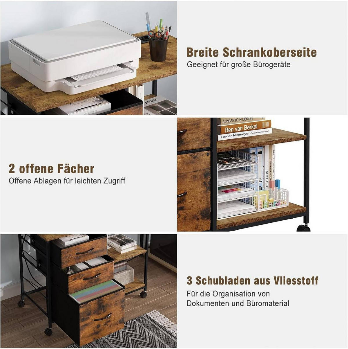 KONSOLENTISCH mit Ladestation,mit Rolle, Vintagebraun - Dunkelbraun/Schwarz, Holzwerkstoff/Textil (40/80/66cm) - Woltu