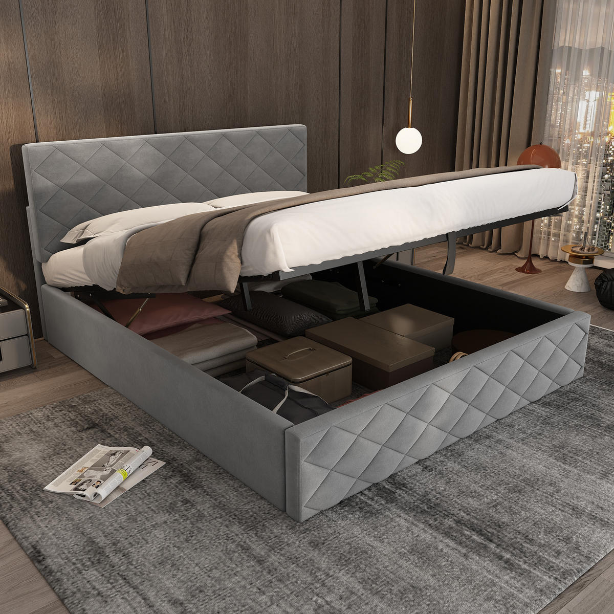 POLSTERBETT 140/200 cm Grau mit hydraulischem Funktionsbett und Stauraum - Grau, Textil (140/200cm) - OKWISH