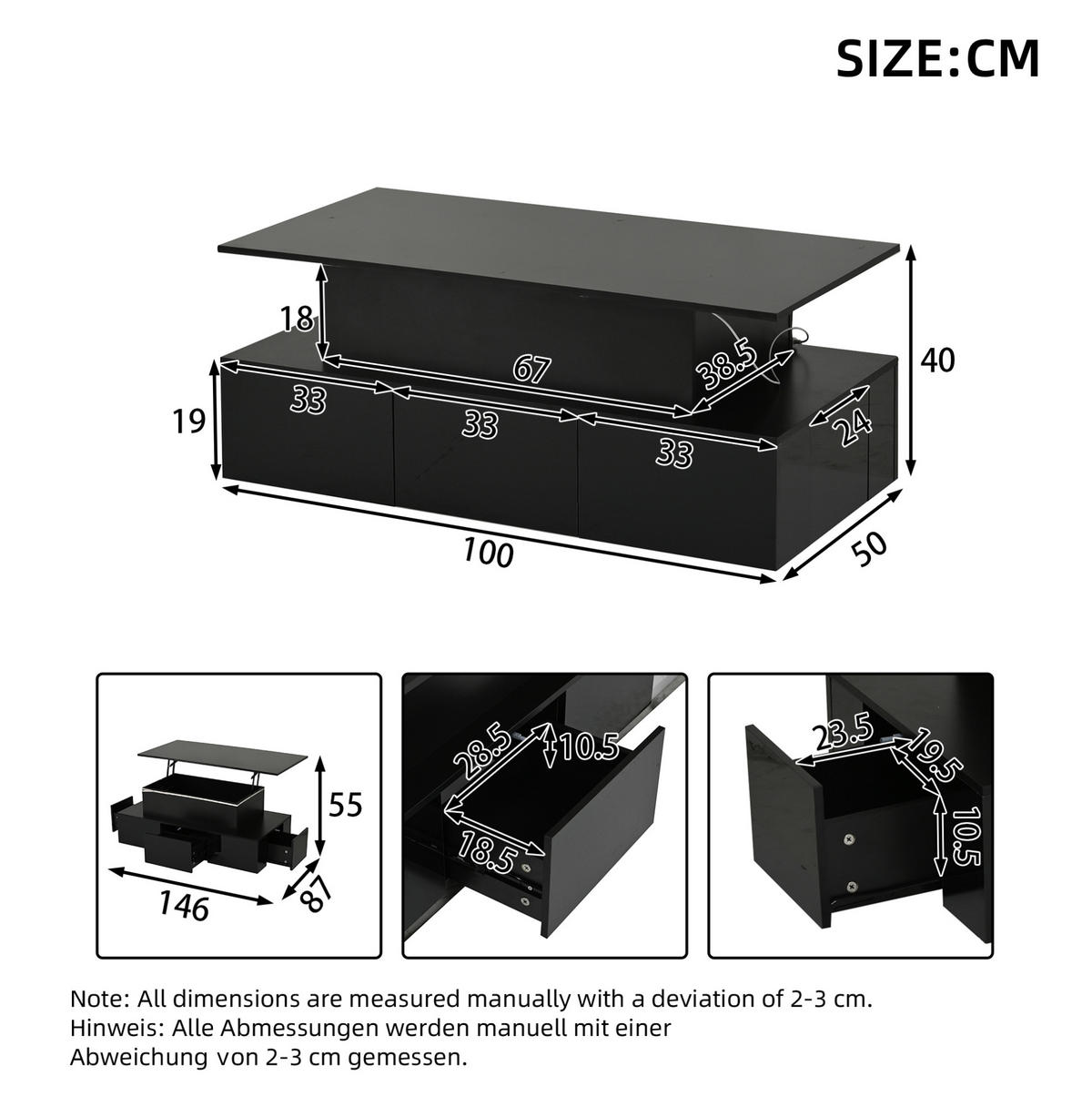 COUCHTISCH 100/50/40 cm mit Liftfunktion, LED-Beleuchtung, 4 Schubladen und Stauraum, Schwarz/Antik Eiche - Eichefarben, Holzwerkstoff (100/50/40cm) - Redom