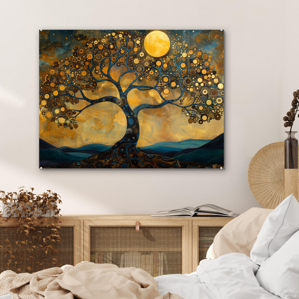 ACRYLGLASBILD Baum - Mond - Blumen - Gold - Kunst 80x60 cm - Orange, Glas (80/60cm) - MuchoWow