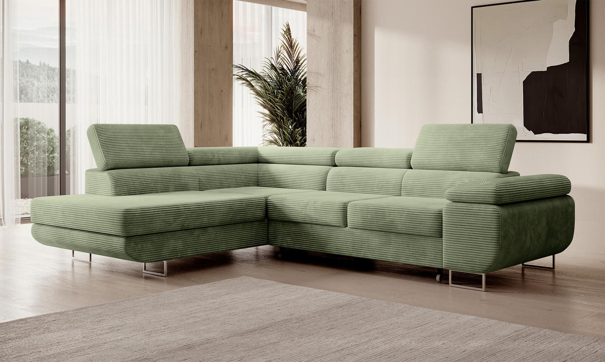 ECKSOFA Stevil Salbeigrün Cordbezug - Salbeigrün/Silberfarben, Textil/Metall (275/203cm) - Selsey