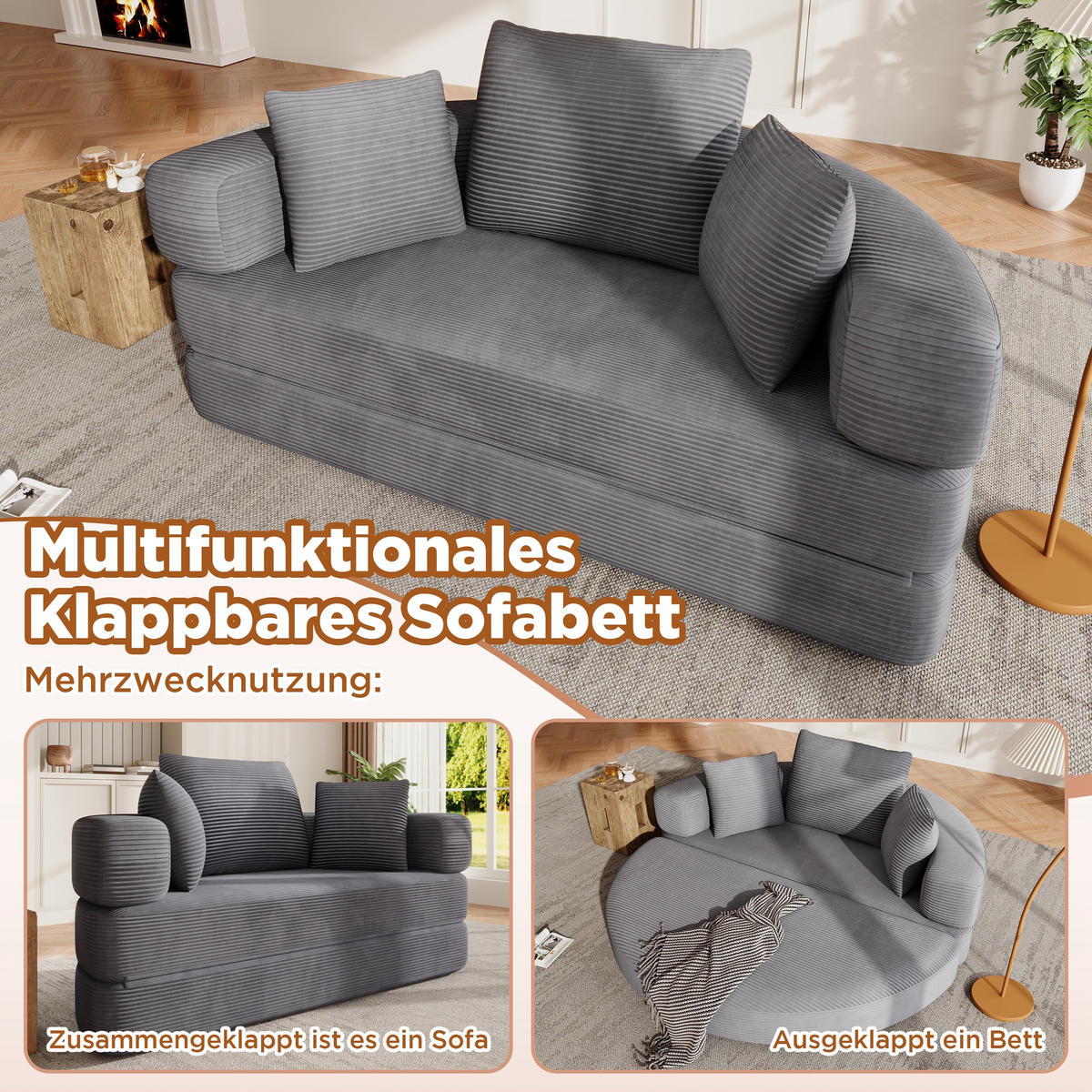 KLAPPSOFABETT Cord Samt-Optik 2-in-1 Sofa und Bett Grau 173/176/40 cm - Grün, Textil (176/40/173cm) - Redom