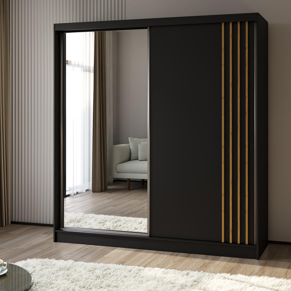 SCHWEBETÜRENSCHRANK NELVIA 200/216/61 cm 2-türig mit Spiegel Schwarz - Schwarz, Holzwerkstoff (200/216/61cm) - MASSENO