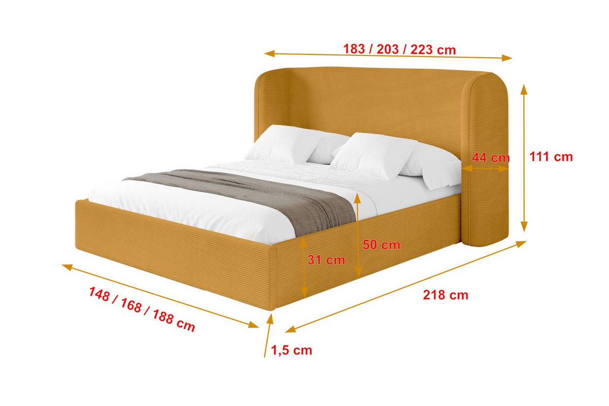 POLSTERBETT mit Bettkasten und Lattenrost, Boxbett ohne Matratze - ESTI 160x200 Senfgelb - Currygelb, Holzwerkstoff/Textil (160/200cm) - ALTDECOR