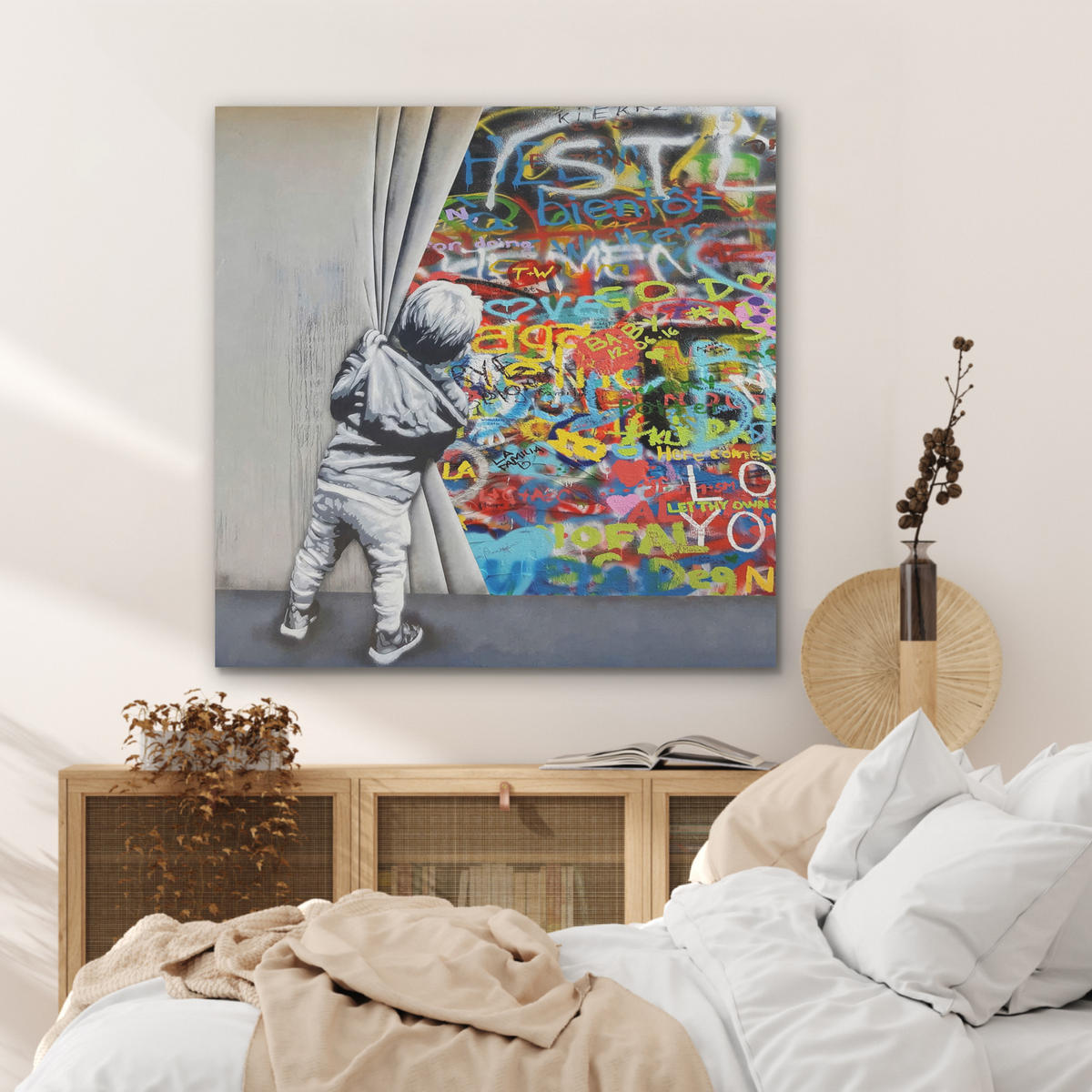 AKUSTIKBILD Graffiti - Junge - Ilussie - Straßenkunst Akustikpaneele 90x90 cm - Hellgrau, Textil (90/90/0.9cm) - MuchoWow