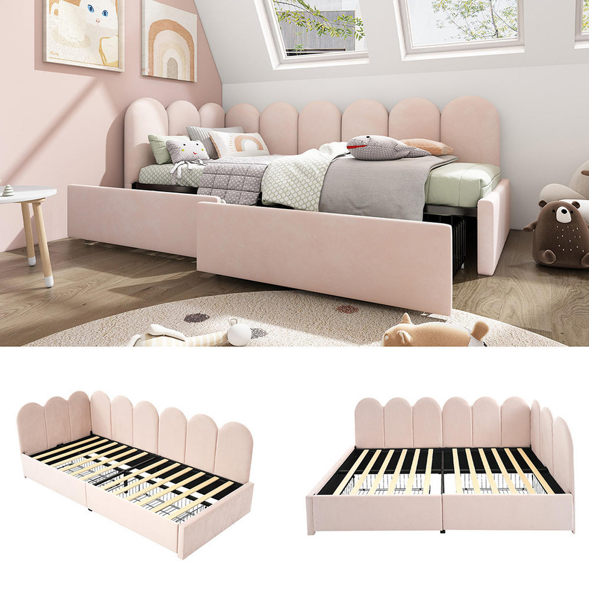 JUGENDBETT 90/200 cm in Rosa Samt - Pink, Holz/Textil (90/200cm) - KOMHTOM