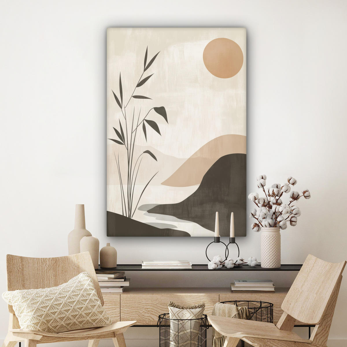 LEINWANDBILD Japandi - Landschaft - Beige Deko XXL 80x120 cm - Cognac, Textil (80/120cm) - MuchoWow