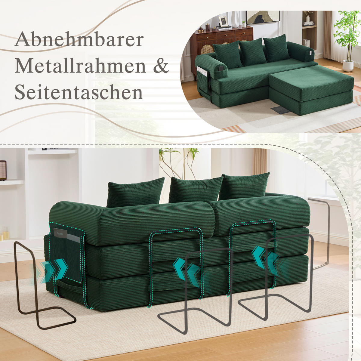 MODULARES Sofa 200/190/67 cm aus Cord mit Hocker und Seitentasche Smaragdgrün - Smaragdgrün, Textil (190/67/200cm) - Modenvie