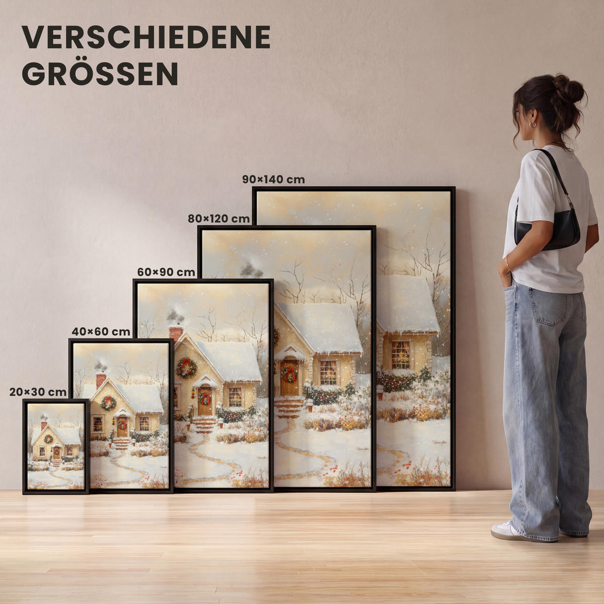 LEINWAND Bilder mit Rahmen - Weihnachten - Zuhause - Winter - Schnee - 20x30 - Creme, Textil (20/30cm) - MuchoWow