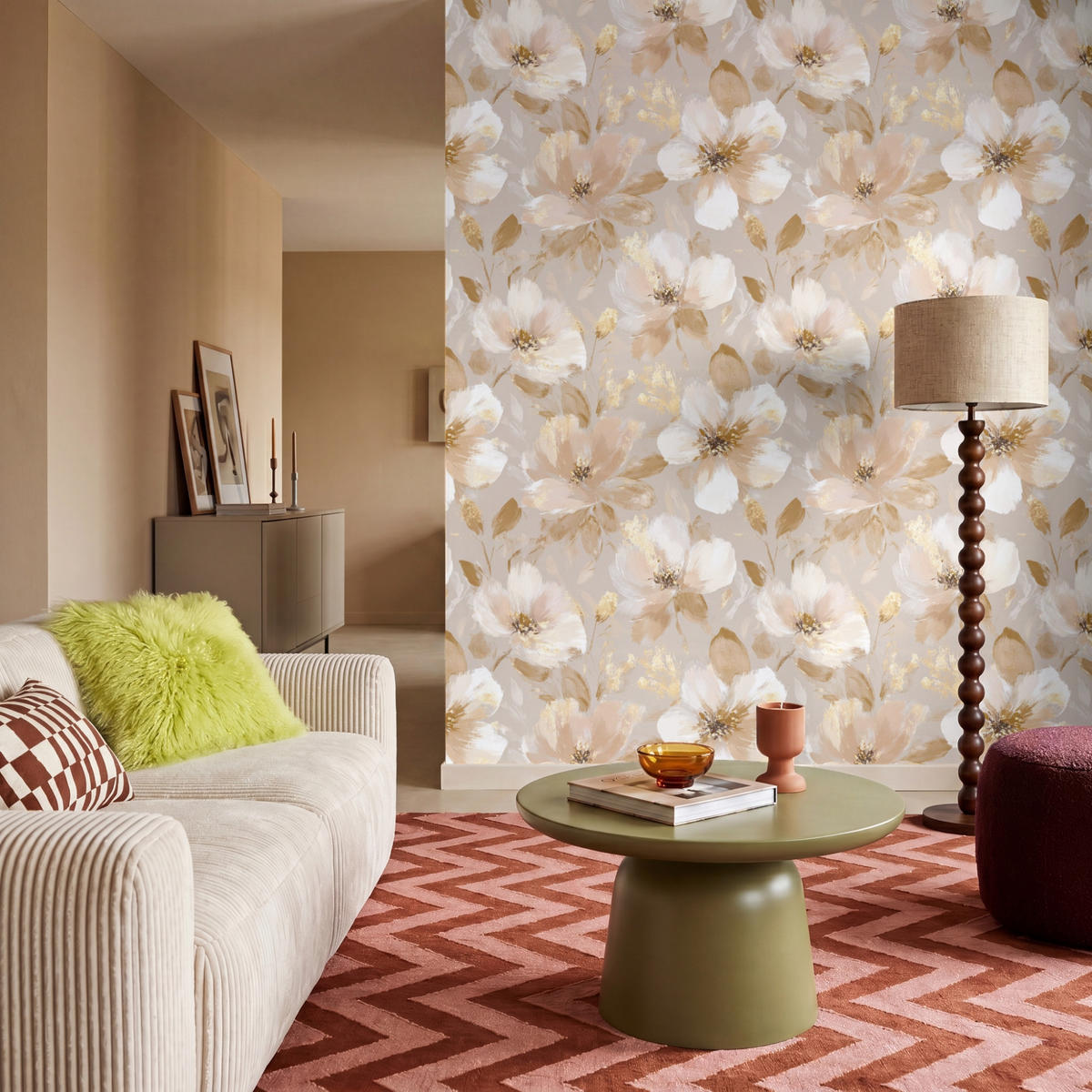 TAPETE - Blumen - künstlerisch - Gold - 160x200 cm - Beige, Papier (160/200cm) - OnlyWow