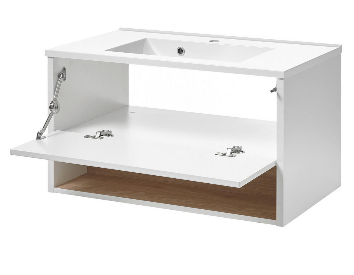 WASCHTISCH weiß Hochglanz, Eiche 80 cm, Waschbeckenunterschrank mit Waschbecken - Weiß Hochglanz, Holzwerkstoff (80/44/47cm) - Furn.Design