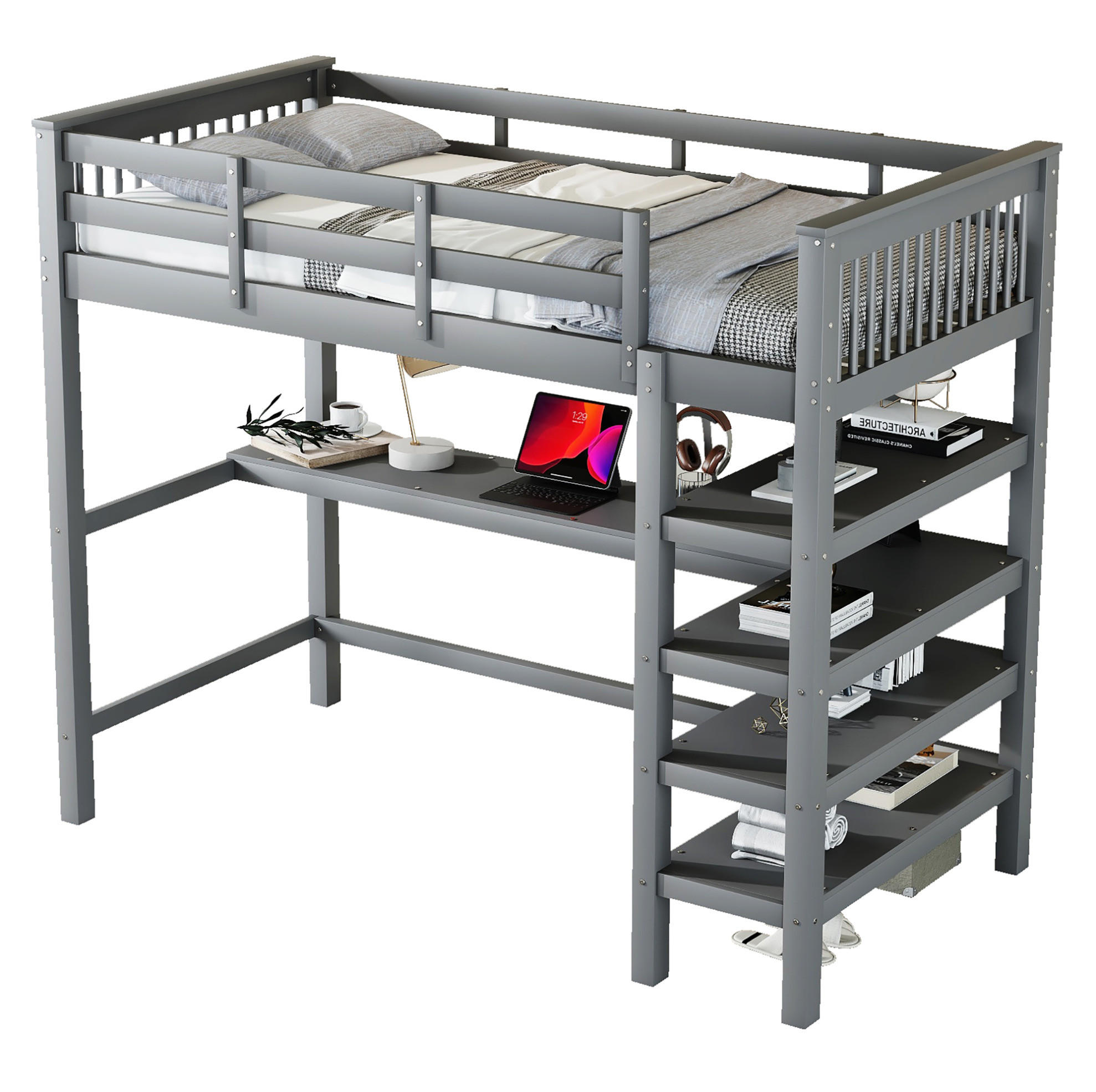 HOCHBETT 90/200 cm Grau mit Schreibtisch und Ablagefächern - Grau, Holzwerkstoff (90/200cm) - Flora Grace