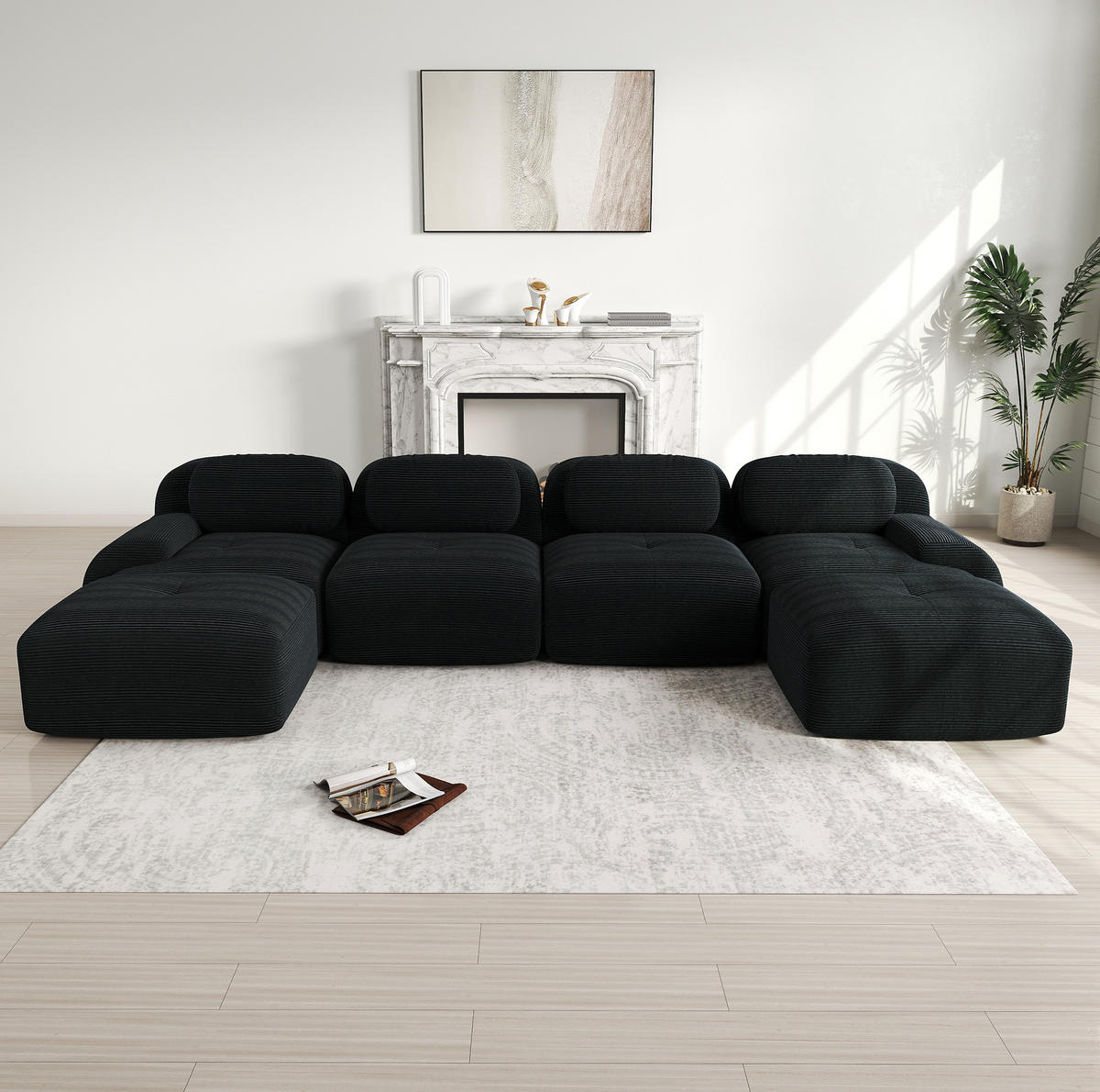 ECKSOFA modular rahmenlos Cord Black - Schwarz, Textil (178/75/388cm) - Meubliv